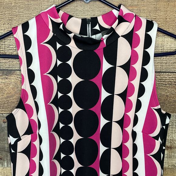 Vince Camuto Mod Retro Dots Sleeveless Sheath Dress Black Pink Size Small - Picture 2 of 9